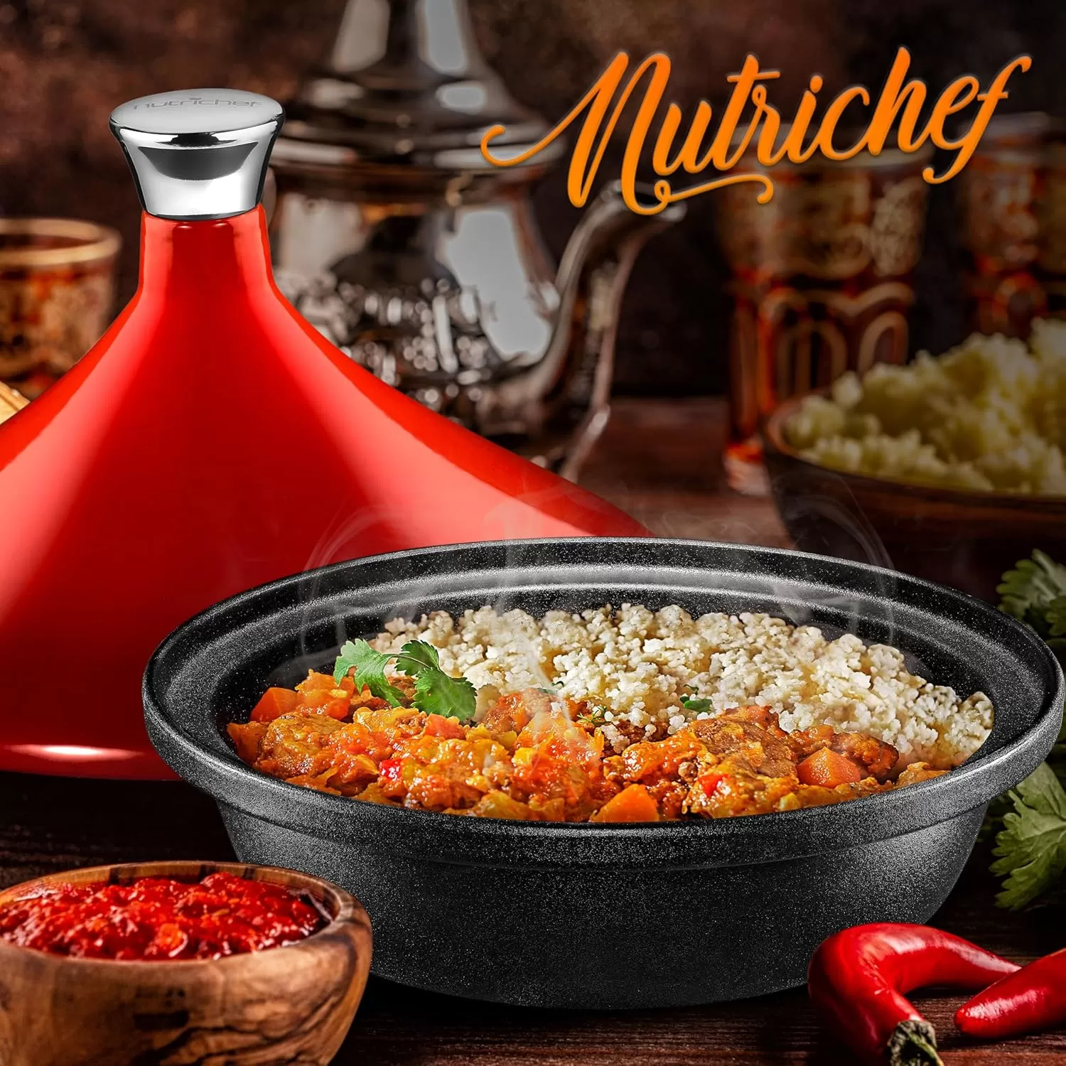 imageNutriChef Moroccan Tagine Pot for Cooking  Premium Cast Iron Cooking Pot with Stainless Steel Knob and Red ConeShaped Porcelain Enameled Lid  116quot Width 275 Qt