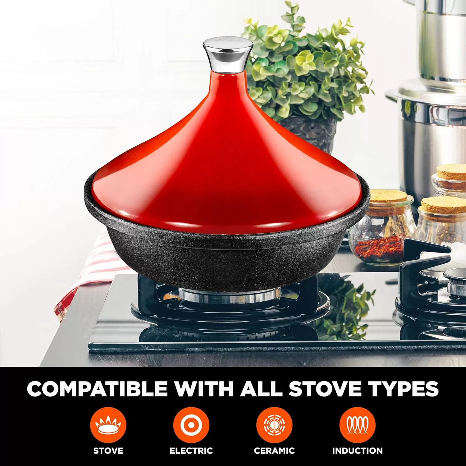imageNutriChef Moroccan Tagine Pot for Cooking  Premium Cast Iron Cooking Pot with Stainless Steel Knob and Red ConeShaped Porcelain Enameled Lid  116quot Width 275 Qt