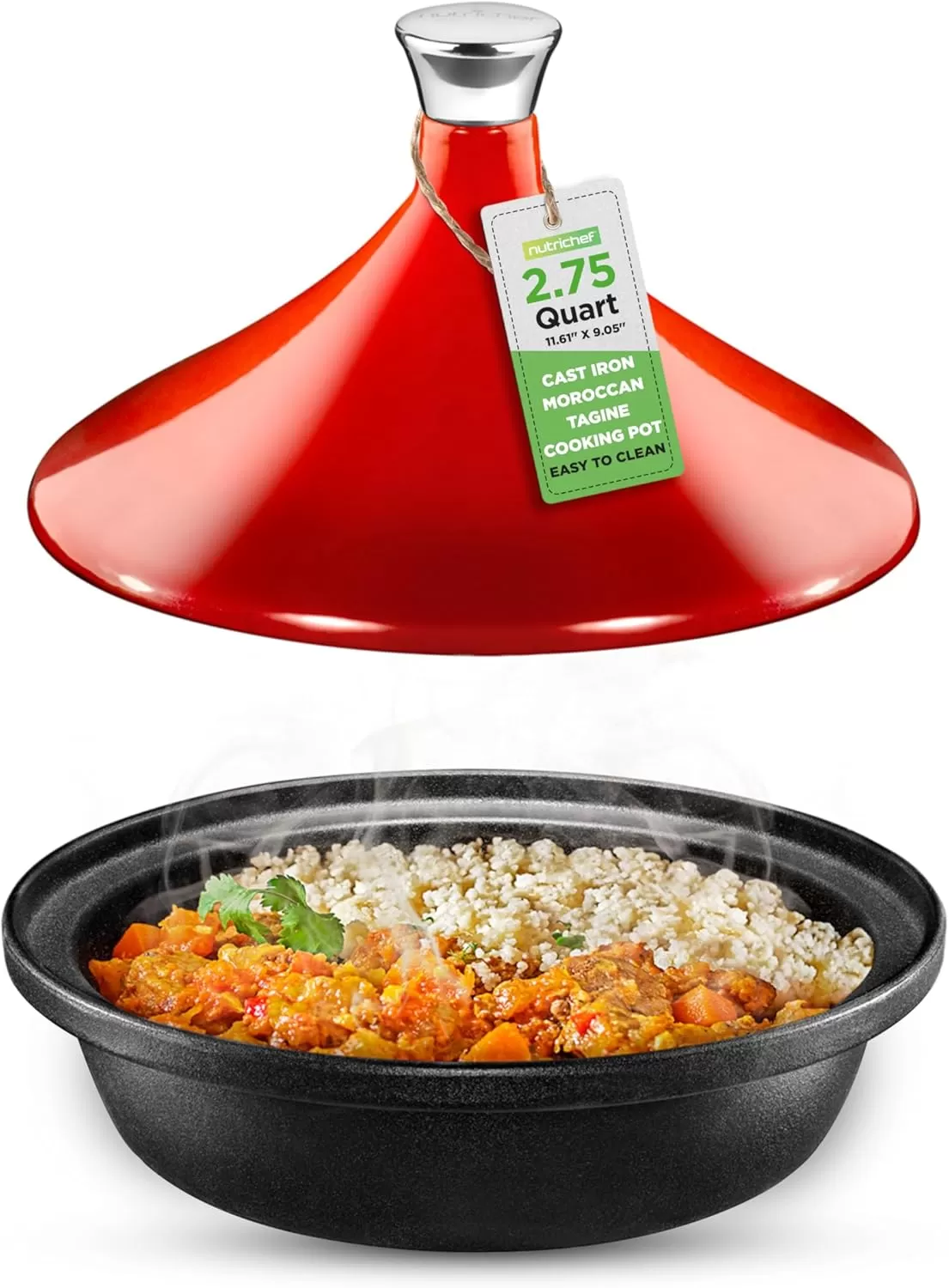 imageNutriChef Moroccan Tagine Pot for Cooking  Premium Cast Iron Cooking Pot with Stainless Steel Knob and Red ConeShaped Porcelain Enameled Lid  116quot Width 275 Qt