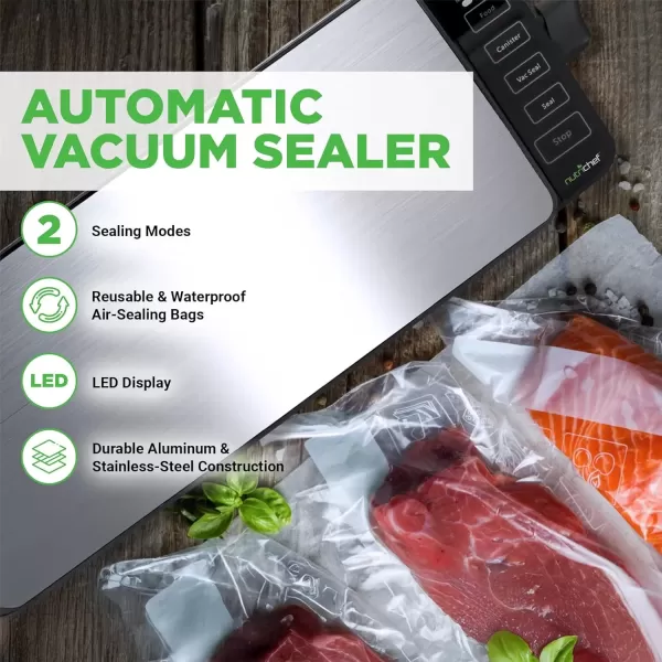 imageAutomatic Food Vacuum Sealer System  110W Sealed Meat Packing Sealing Preservation Sous Vide Machine w 2 Seal Modes Saver Vac Roll Bags Vacuum Air Hose  NutriChef PKVS35STS Stainless Steel