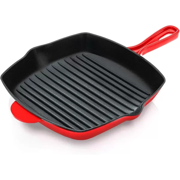 imageNutriChef 11quot Enameled Cast Iron Steak Grill Pan  Square Skillet with Drip Spout For All Cooktops Perfect Grill Marks  NCCIES47Red