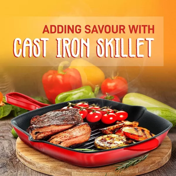 imageNutriChef 11quot Enameled Cast Iron Steak Grill Pan  Square Skillet with Drip Spout For All Cooktops Perfect Grill Marks  NCCIES47Red