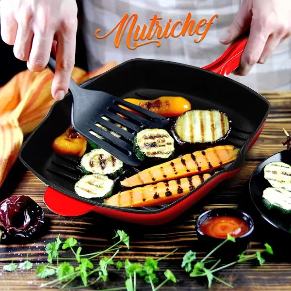 imageNutriChef 11quot Enameled Cast Iron Steak Grill Pan  Square Skillet with Drip Spout For All Cooktops Perfect Grill Marks  NCCIES47Red