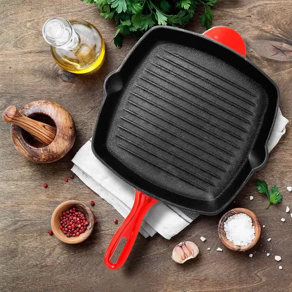 imageNutriChef 11quot Enameled Cast Iron Steak Grill Pan  Square Skillet with Drip Spout For All Cooktops Perfect Grill Marks  NCCIES47Red