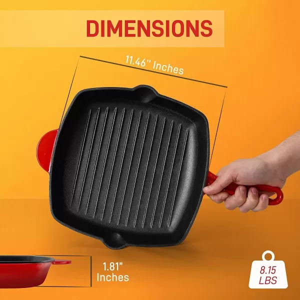 imageNutriChef 11quot Enameled Cast Iron Steak Grill Pan  Square Skillet with Drip Spout For All Cooktops Perfect Grill Marks  NCCIES47Red