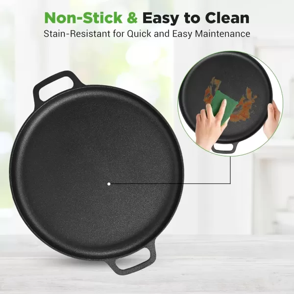 imageNutriChef 13Inch Flat Cast Iron Pizza Pan  Versatile PreSeasoned Round Cooking Griddle w BuiltIn Handles for Oven Grill Stove and Campfires  Includes 2 Heat Safe Silicone Grips