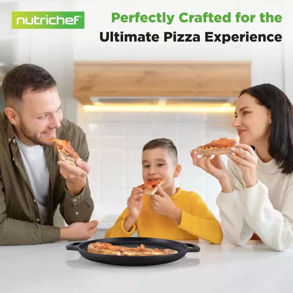 imageNutriChef 13Inch Flat Cast Iron Pizza Pan  Versatile PreSeasoned Round Cooking Griddle w BuiltIn Handles for Oven Grill Stove and Campfires  Includes 2 Heat Safe Silicone Grips