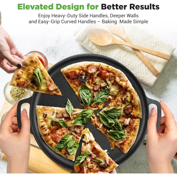 imageNutriChef 13Inch Flat Cast Iron Pizza Pan  Versatile PreSeasoned Round Cooking Griddle w BuiltIn Handles for Oven Grill Stove and Campfires  Includes 2 Heat Safe Silicone Grips