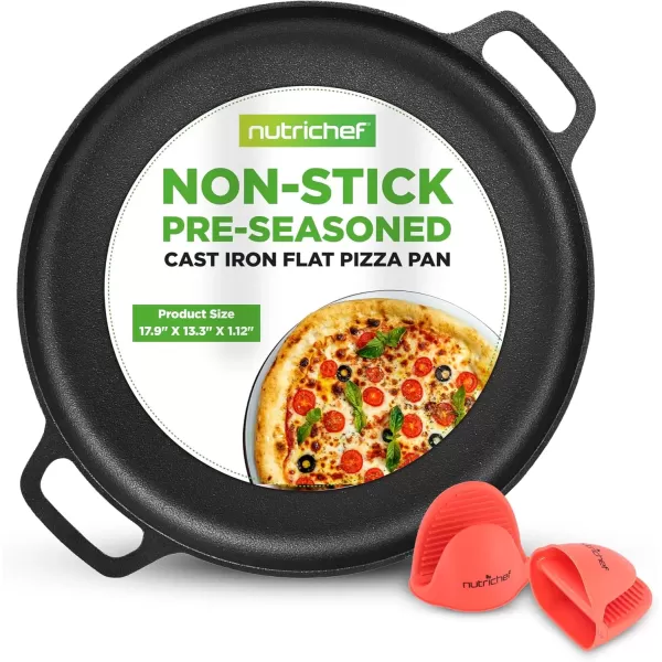 imageNutriChef 13Inch Flat Cast Iron Pizza Pan  Versatile PreSeasoned Round Cooking Griddle w BuiltIn Handles for Oven Grill Stove and Campfires  Includes 2 Heat Safe Silicone Grips