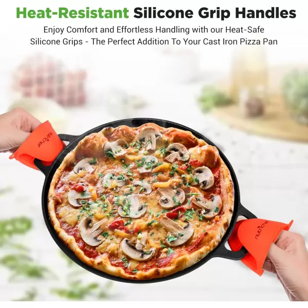 imageNutriChef 13Inch Flat Cast Iron Pizza Pan  Versatile PreSeasoned Round Cooking Griddle w BuiltIn Handles for Oven Grill Stove and Campfires  Includes 2 Heat Safe Silicone Grips