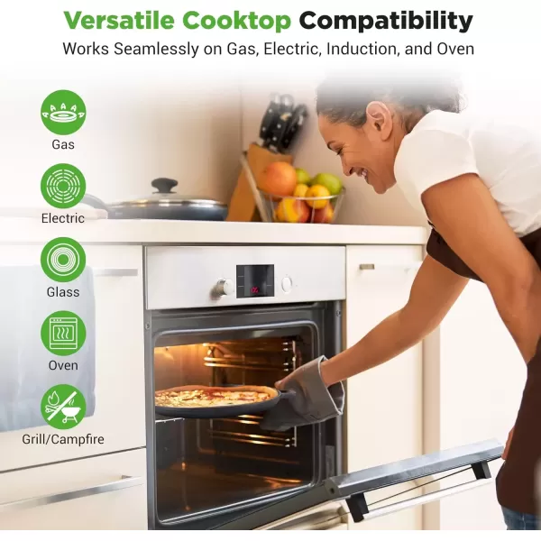 imageNutriChef 13Inch Flat Cast Iron Pizza Pan  Versatile PreSeasoned Round Cooking Griddle w BuiltIn Handles for Oven Grill Stove and Campfires  Includes 2 Heat Safe Silicone Grips