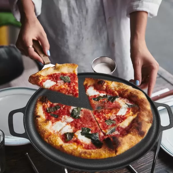 imageNutriChef 13quot Cast Iron Pizza Pan  Cast Iron Pizza Baking Pan Steel Pizza Cooker with Easy Grip Handle  For Gas Electric Glass Induction Cooker Oven ampamp GrillCampfire  2 Silicone Handles
