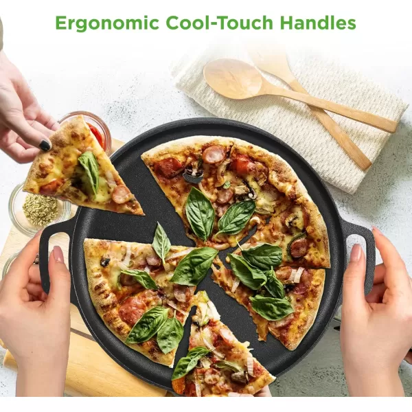 imageNutriChef 13quot Cast Iron Pizza Pan  Cast Iron Pizza Baking Pan Steel Pizza Cooker with Easy Grip Handle  For Gas Electric Glass Induction Cooker Oven ampamp GrillCampfire  2 Silicone Handles