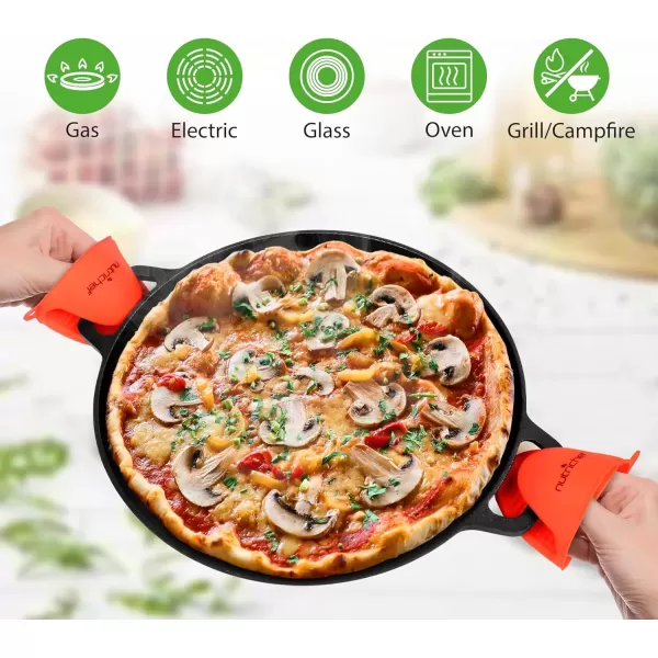 imageNutriChef 13quot Cast Iron Pizza Pan  Cast Iron Pizza Baking Pan Steel Pizza Cooker with Easy Grip Handle  For Gas Electric Glass Induction Cooker Oven ampamp GrillCampfire  2 Silicone Handles