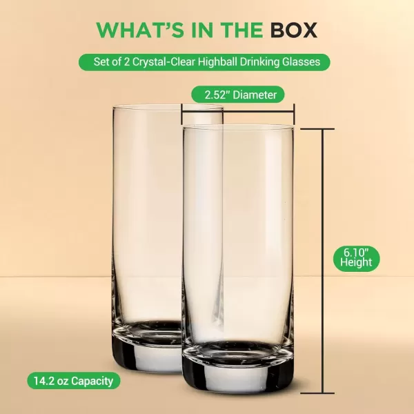 imageNutriChef 142oz Highball Drinking Glasses  Set of 2 Heavy Base Tall Tumbler Clear Glassware for Water Wine Beer Liquor Gin Cocktail Whiskey Juice Iced Coffee Mixed Drinks Dishwasher Safe2 Count Pack of 1