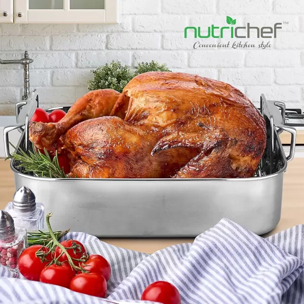 imageNutriChef 14Inch Stainless Steel Oven Roasting Pan with Polished Wire Rack  Kitchen Roaster Tray w BuiltIn Handles  Heavy Duty Bakeware for Turkey Chicken Meats ampamp More  NCTURKSS26Without Rack Handles