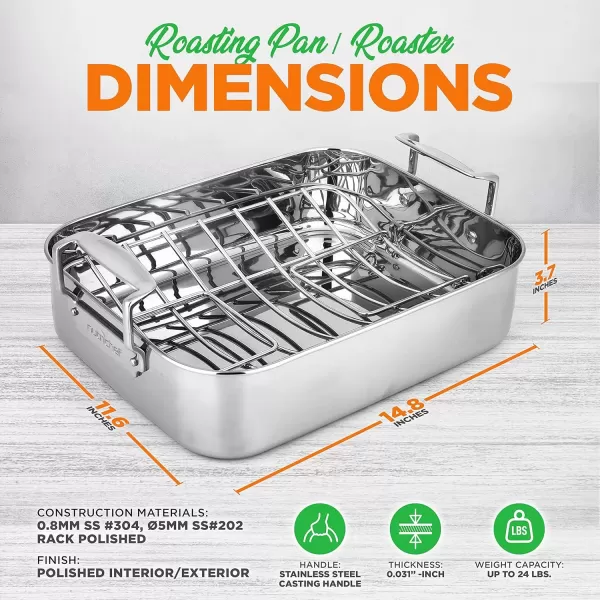 imageNutriChef 14Inch Stainless Steel Oven Roasting Pan with Polished Wire Rack  Kitchen Roaster Tray w BuiltIn Handles  Heavy Duty Bakeware for Turkey Chicken Meats ampamp More  NCTURKSS26Without Rack Handles