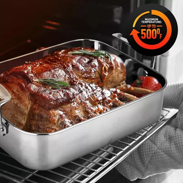 imageNutriChef 14Inch Stainless Steel Oven Roasting Pan with Polished Wire Rack  Kitchen Roaster Tray w BuiltIn Handles  Heavy Duty Bakeware for Turkey Chicken Meats ampamp More  NCTURKSS26Without Rack Handles