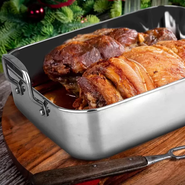 imageNutriChef 14Inch Stainless Steel Oven Roasting Pan with Polished Wire Rack  Kitchen Roaster Tray w BuiltIn Handles  Heavy Duty Bakeware for Turkey Chicken Meats ampamp More  NCTURKSS26With Rack Handles