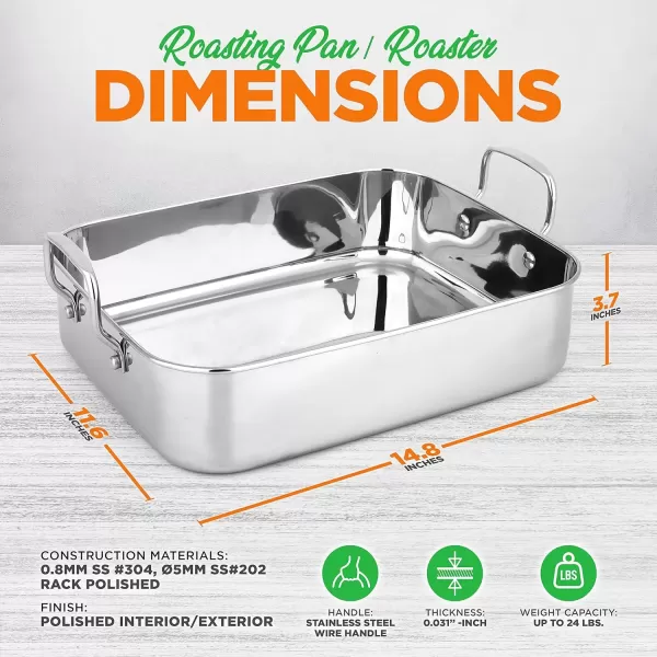 imageNutriChef 14Inch Stainless Steel Oven Roasting Pan with Polished Wire Rack  Kitchen Roaster Tray w BuiltIn Handles  Heavy Duty Bakeware for Turkey Chicken Meats ampamp More  NCTURKSS26With Rack Handles