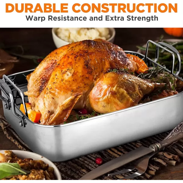 imageNutriChef 14Inch Stainless Steel Oven Roasting Pan with Polished Wire Rack  Kitchen Roaster Tray w BuiltIn Handles  Heavy Duty Bakeware for Turkey Chicken Meats ampamp More  NCTURKSS26With Rack Handles