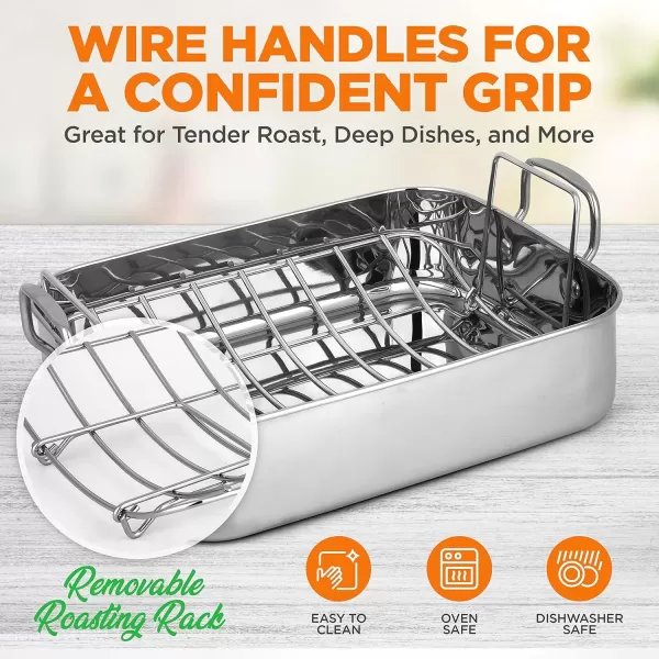 imageNutriChef 14Inch Stainless Steel Oven Roasting Pan with Polished Wire Rack  Kitchen Roaster Tray w BuiltIn Handles  Heavy Duty Bakeware for Turkey Chicken Meats ampamp More  NCTURKSS26With Rack Handles