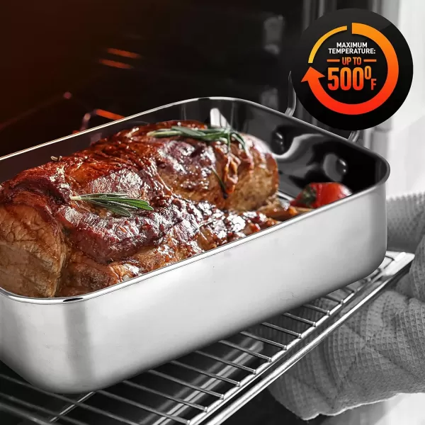 imageNutriChef 14Inch Stainless Steel Oven Roasting Pan with Polished Wire Rack  Kitchen Roaster Tray w BuiltIn Handles  Heavy Duty Bakeware for Turkey Chicken Meats ampamp More  NCTURKSS26With Rack Handles