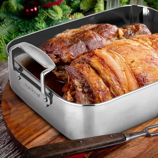 imageNutriChef 14Inch Stainless Steel Oven Roasting Pan with Polished Wire Rack  Kitchen Roaster Tray w BuiltIn Handles  Heavy Duty Bakeware for Turkey Chicken Meats ampamp More  NCTURKSS26Without Rack Handles