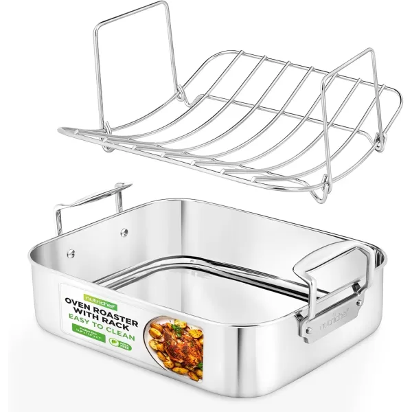 imageNutriChef 14Inch Stainless Steel Oven Roasting Pan with Polished Wire Rack  Kitchen Roaster Tray w BuiltIn Handles  Heavy Duty Bakeware for Turkey Chicken Meats ampamp More  NCTURKSS26Without Rack Handles
