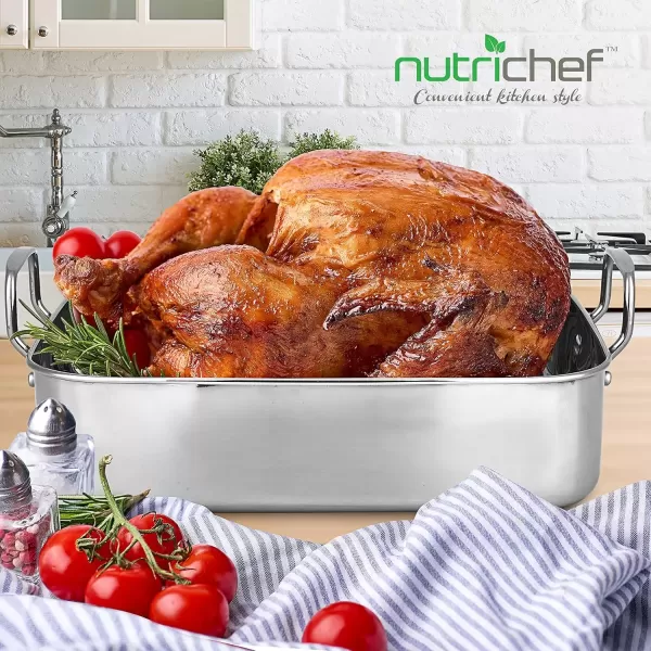 imageNutriChef 14Inch Stainless Steel Oven Roasting Pan with Polished Wire Rack  Kitchen Roaster Tray w BuiltIn Handles  Heavy Duty Bakeware for Turkey Chicken Meats ampamp More  NCTURKSS26With Rack Handles