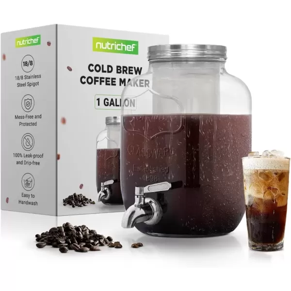 imageNutriChef 1Gallon Cold Brew Coffee Maker  WideMouth Glass Mason Jar Style wStainless Steel Spigot Tap ampamp Reusable Mesh Filter  Leak Resistant DripFree ampamp Easy to Clean