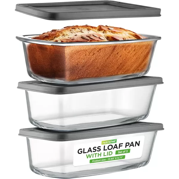 imageNutriChef 3Piece Glass Loaf Pan Set  19 QT Premium Stackable Food Containers w Airtight Locking Lid  Oven Microwave ampamp Dishwasher Safe  62oz Bread Pan Dish Clear Glass3 Piece Set