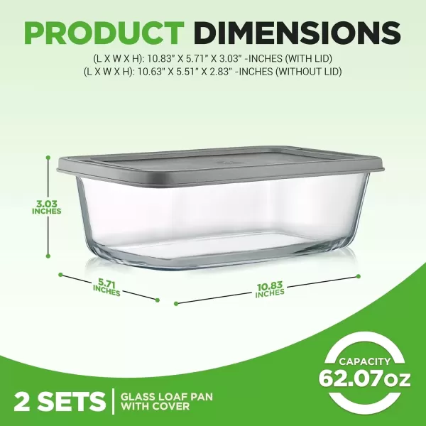 imageNutriChef 3Piece Glass Loaf Pan Set  19 QT Premium Stackable Food Containers w Airtight Locking Lid  Oven Microwave ampamp Dishwasher Safe  62oz Bread Pan Dish Clear Glass2 Piece Set