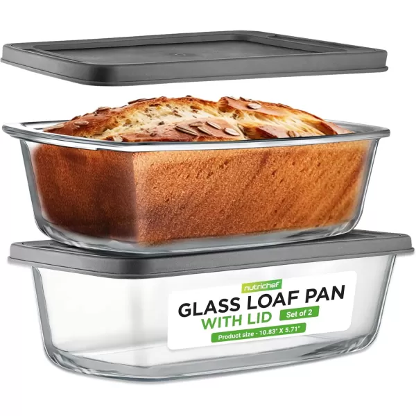 imageNutriChef 3Piece Glass Loaf Pan Set  19 QT Premium Stackable Food Containers w Airtight Locking Lid  Oven Microwave ampamp Dishwasher Safe  62oz Bread Pan Dish Clear Glass2 Piece Set