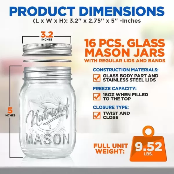 imageNutriChef 4Pack 16 oz Mason Jars with Lids  Thick Glass Canning Jars with Stainless Steel Lids  Ideal for DIY Spices Meal Prep Overnight Oats Jelly Jam Honey Candles Crafts ampamp More16 Pack