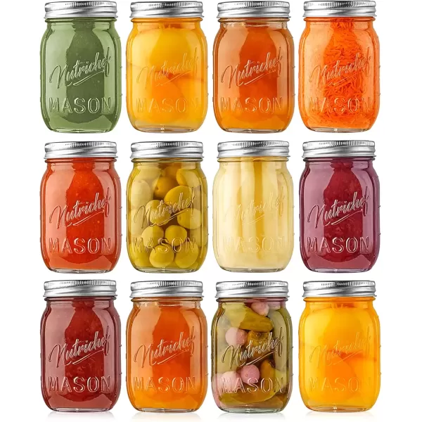 imageNutriChef 4Pack 16 oz Mason Jars with Lids  Thick Glass Canning Jars with Stainless Steel Lids  Ideal for DIY Spices Meal Prep Overnight Oats Jelly Jam Honey Candles Crafts ampamp More12 Pack