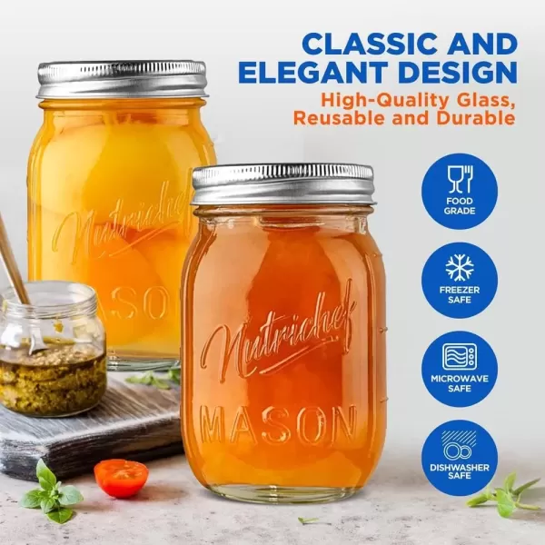 imageNutriChef 4Pack 16 oz Mason Jars with Lids  Thick Glass Canning Jars with Stainless Steel Lids  Ideal for DIY Spices Meal Prep Overnight Oats Jelly Jam Honey Candles Crafts ampamp More16 Pack