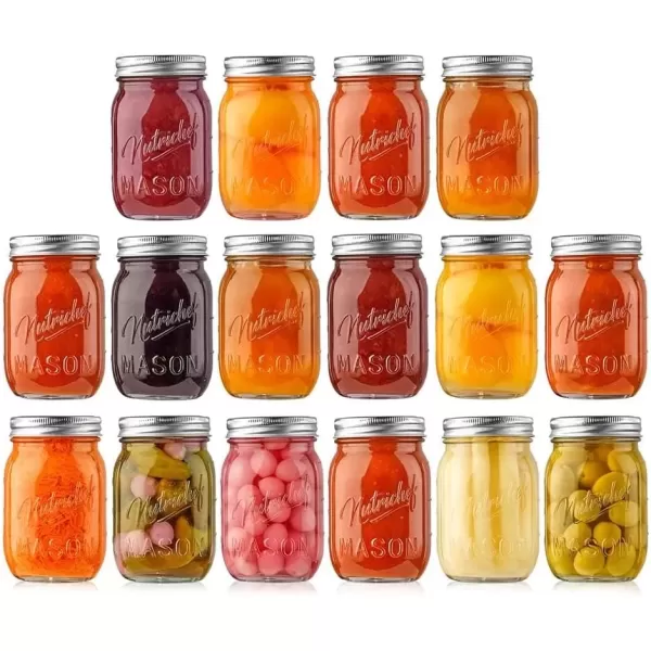 imageNutriChef 4Pack 16 oz Mason Jars with Lids  Thick Glass Canning Jars with Stainless Steel Lids  Ideal for DIY Spices Meal Prep Overnight Oats Jelly Jam Honey Candles Crafts ampamp More16 Pack