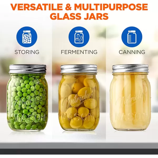 imageNutriChef 4Pack 16 oz Mason Jars with Lids  Thick Glass Canning Jars with Stainless Steel Lids  Ideal for DIY Spices Meal Prep Overnight Oats Jelly Jam Honey Candles Crafts ampamp More12 Pack