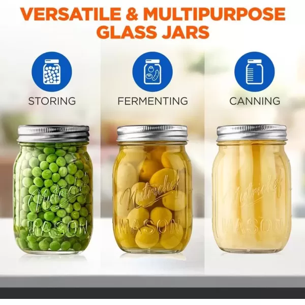 imageNutriChef 4Pack 16 oz Mason Jars with Lids  Thick Glass Canning Jars with Stainless Steel Lids  Ideal for DIY Spices Meal Prep Overnight Oats Jelly Jam Honey Candles Crafts ampamp More16 Pack