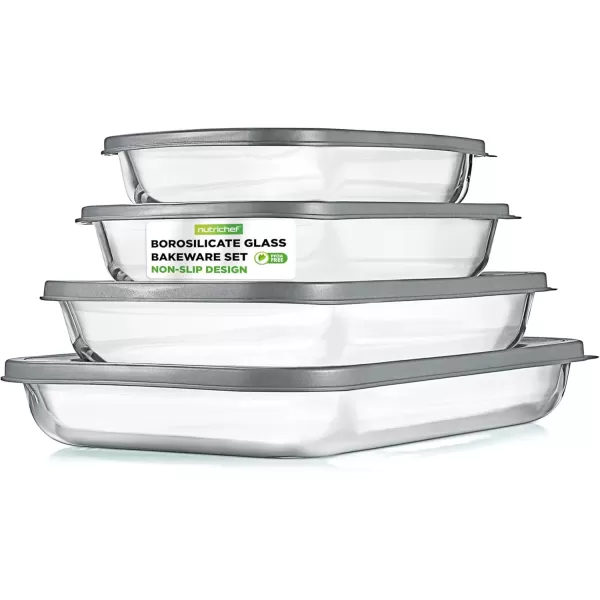 imageNutriChef 4Piece Glass Baking Dish with Lids  Stackable Rectangular Glass Oven Bakeware wBlue BPAFree Lids  Baking Pans for Lasagna Meatloaf Casserole Leftovers ampamp More Dishwasher SafeGray