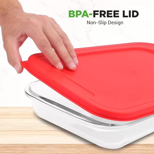 imageNutriChef 4Piece Glass Baking Dish with Lids  Stackable Rectangular Glass Oven Bakeware wBlue BPAFree Lids  Baking Pans for Lasagna Meatloaf Casserole Leftovers ampamp More Dishwasher SafeRed