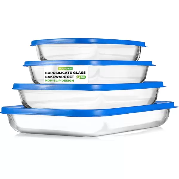 imageNutriChef 4Piece Glass Baking Dish with Lids  Stackable Rectangular Glass Oven Bakeware wBlue BPAFree Lids  Baking Pans for Lasagna Meatloaf Casserole Leftovers ampamp More Dishwasher SafeBlue