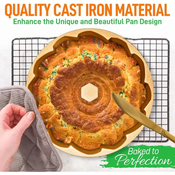 imageNutriChef 9Inch Bundt Cake Pan  Thick and Heavy Cast Aluminum Bakeware with 2 Layers of Nonstick Coating  French Wreath Design for Uniform Baking Up To 500 Degrees  Easy to Clean GoldFlow