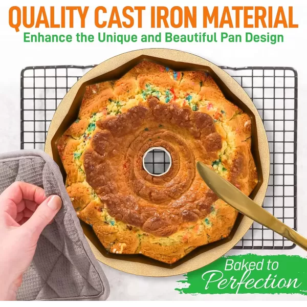imageNutriChef 9Inch Bundt Cake Pan  Thick and Heavy Cast Aluminum Bakeware with 2 Layers of Nonstick Coating  French Wreath Design for Uniform Baking Up To 500 Degrees  Easy to Clean GoldWreath