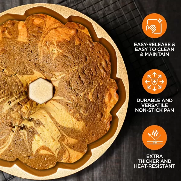 imageNutriChef 9Inch Bundt Cake Pan  Thick and Heavy Cast Aluminum Bakeware with 2 Layers of Nonstick Coating  French Wreath Design for Uniform Baking Up To 500 Degrees  Easy to Clean GoldFlow