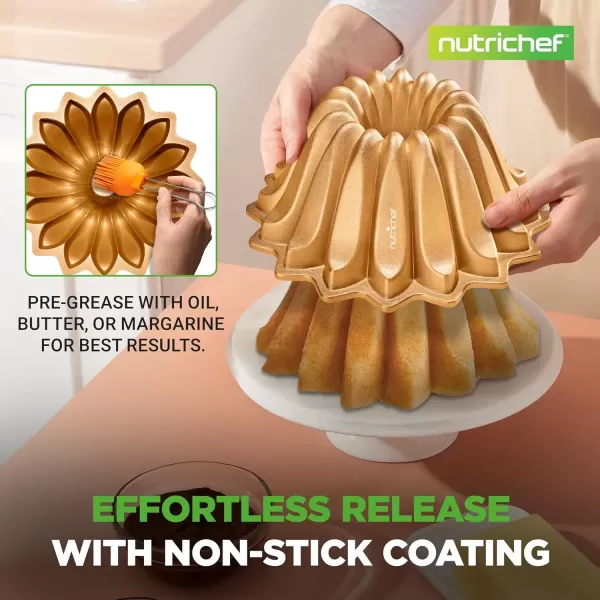 imageNutriChef 9Inch Bundt Cake Pan  Thick and Heavy Cast Aluminum Bakeware with 2 Layers of Nonstick Coating  French Wreath Design for Uniform Baking Up To 500 Degrees  Easy to Clean GoldSlope