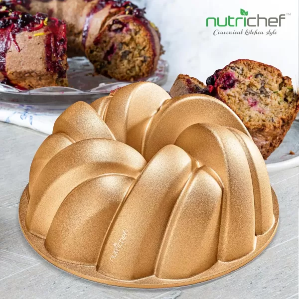 imageNutriChef 9Inch Bundt Cake Pan  Thick and Heavy Cast Aluminum Bakeware with 2 Layers of Nonstick Coating  French Wreath Design for Uniform Baking Up To 500 Degrees  Easy to Clean GoldFlow