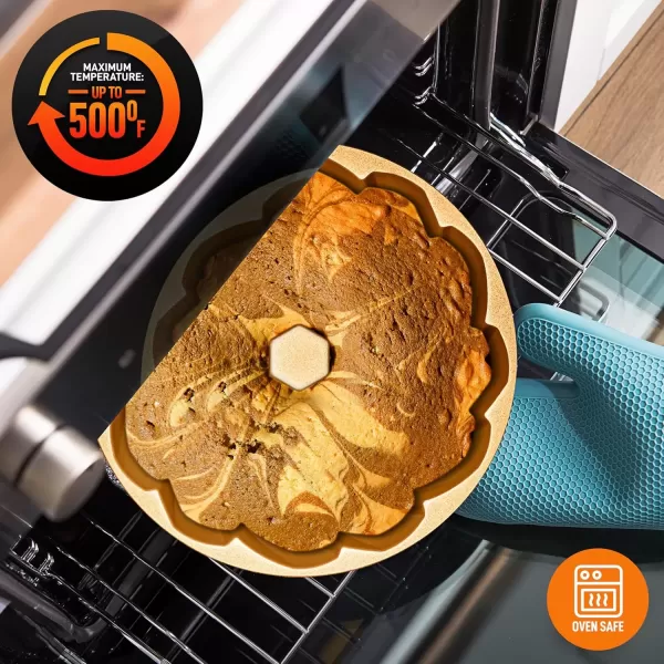 imageNutriChef 9Inch Bundt Cake Pan  Thick and Heavy Cast Aluminum Bakeware with 2 Layers of Nonstick Coating  French Wreath Design for Uniform Baking Up To 500 Degrees  Easy to Clean GoldFlow