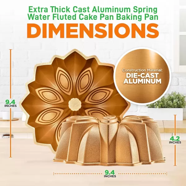 imageNutriChef 9Inch Bundt Cake Pan  Thick and Heavy Cast Aluminum Bakeware with 2 Layers of Nonstick Coating  French Wreath Design for Uniform Baking Up To 500 Degrees  Easy to Clean GoldFlower